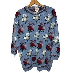 Vtg Maternity Sweater Size M Light Blue Floral All Over Print Pullover Cottage